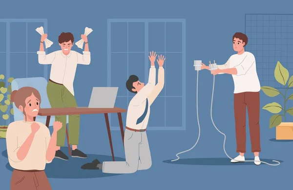 Man hold unplugged cable vector flat illustration. Office workers stressed with non-functioning office equipment. — Image vectorielle