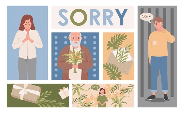 Men and women apologizing to offended people sending excusing gifts vector flat illustration. — Vetor de Stock