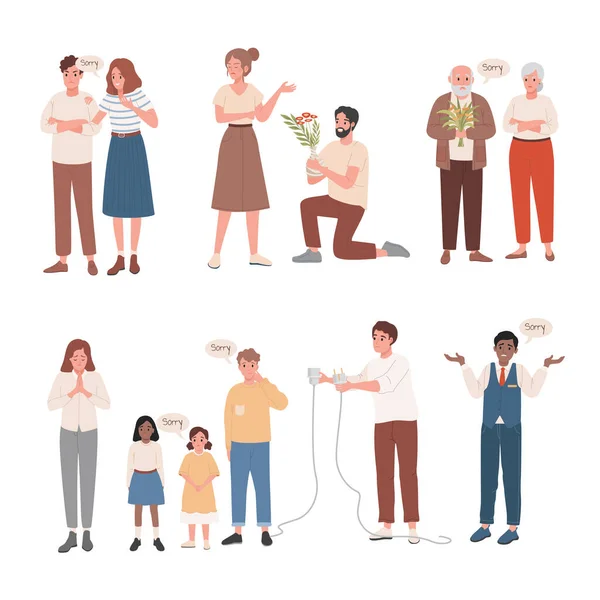 Set of men and women saying sorry to their close people vector flat illustration. Human relationships concept. — Stok Vektör