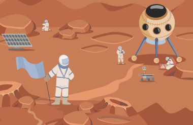 Space explorers in spacesuits making researches vector flat illustration. Astronauts and rovers walking on mars. clipart