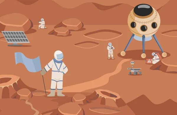 Exploradores espaciais em trajes espaciais fazendo pesquisas vetoriais ilustração plana. Astronautas e rovers caminhando em marés. —  Vetores de Stock