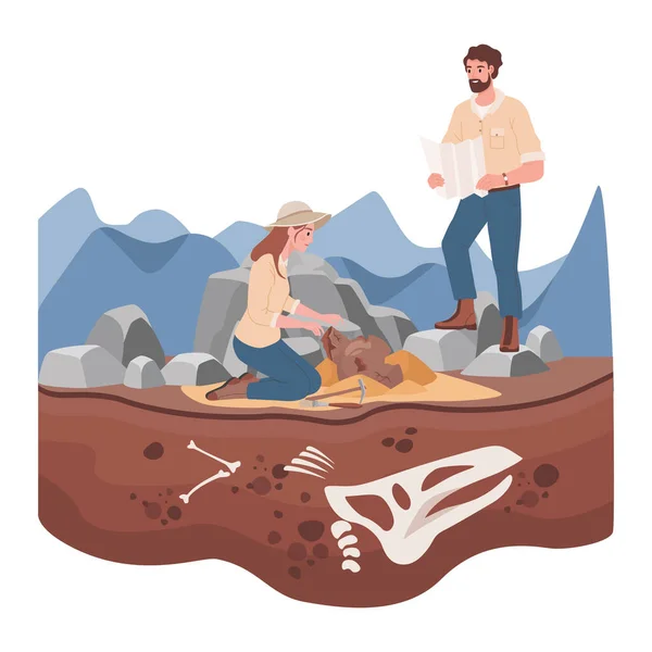 Uomo e donna scienziati nella storia spedizione vettore illustrazione piatta. Concetto di scavo archeologico. — Vettoriale Stock