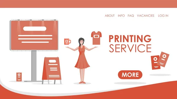 Printing service vector platte landing page sjabloon. Vrouw met drukkerij, reclamemateriaal. — Stockvector