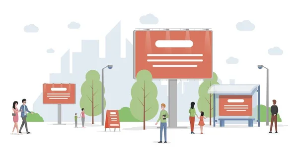 ภาพแบนของเวกเตอร์โฆษณาของเมือง ภูมิทัศน์เมืองที่มีป้ายโฆษณาและป้ายโฆษณา ธุรกิจ โปรโมชั่นบริษัท . — ภาพเวกเตอร์สต็อก