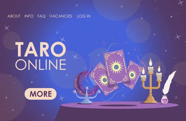 Taro online vector flat landing page tempt. Стол со свечами, волшебный шар, и карты таро колдовства со знаком солнца. Лицензионные Стоковые Иллюстрации