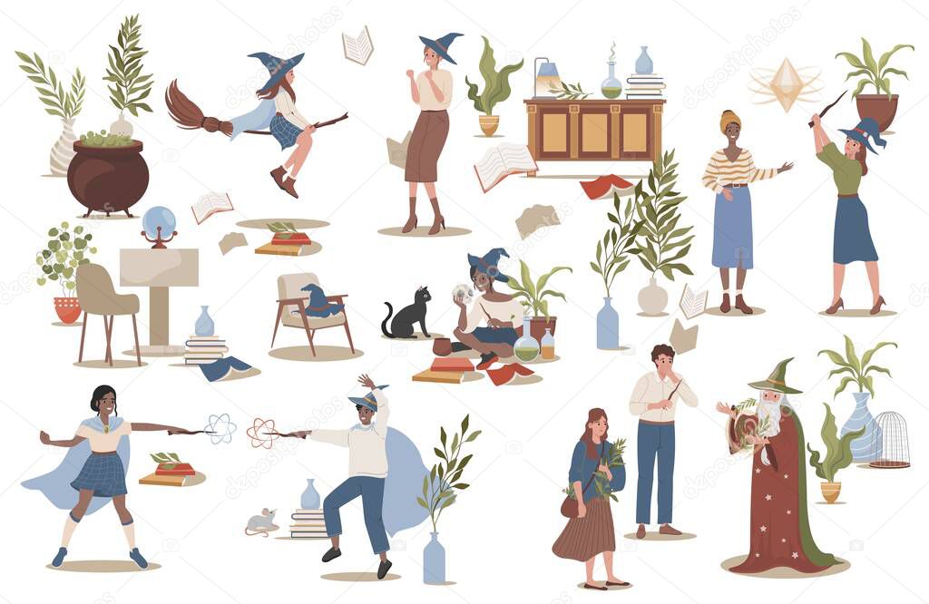 Group of wizards and witches practicing magic vector flat illustration isolated on white background.