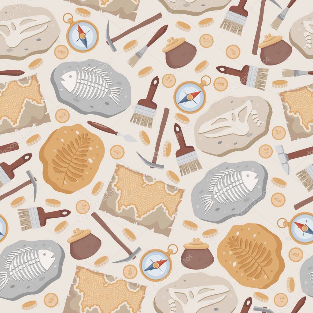 Fossil fish and dinosaurs skeletons, maps, compass, coins, brushes, and archeology tools vector flat seamless pattern.