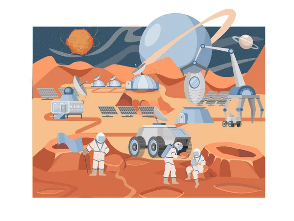 Die Darstellung des Vektors der Mars-Besiedlungsmission ist flach. Gruppe von Astronauten und Wissenschaftlern erkundet die Oberfläche des Planeten. — Stockvektor