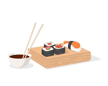 Sushi and soy sauce with chopsticks on wooden plate vector flat illustration isolated on white.