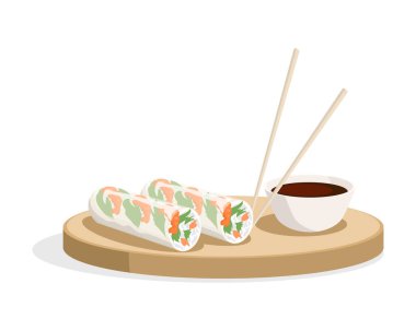 Spring rolls and soy sauce with chopsticks on the plate vector flat illustration isolated on white.