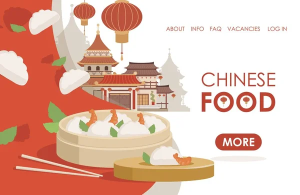 Plantilla de landing page plana de vector de comida china con espacio de texto. Construcción y linternas rojas en estilo tradicional chino. — Vector de stock