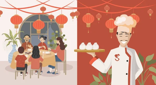 People eating in Chinese restaurant vector flat illustration. Chef holding plate with steamed buns or dim sums. — 图库矢量图片