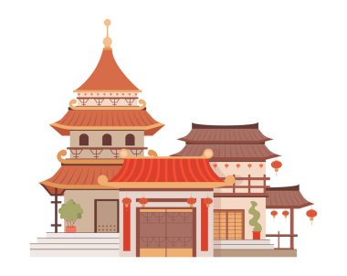 Traditional Chinese architecture vector flat illustration isolated on white. Beautiful and colorful Asian building.