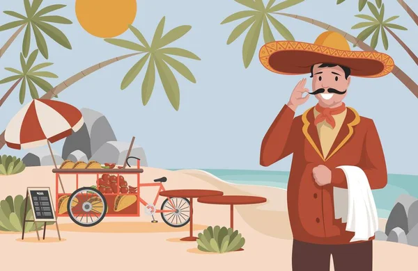 Mexican food vector flat illustration. Happy man in big Mexican hat sombrero standing near street food truck. — 스톡 벡터