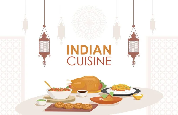 Cocina india vector plano diseño de póster. Platos indios frescos y sabrosos, estofado de pollo, pollo relleno, curry con arroz. — Vector de stock