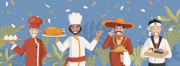 Chefs em roupas nacionais vetor ilustração plana. Culinária chinesa, indiana, mexicana e japonesa. — Vetor de Stock