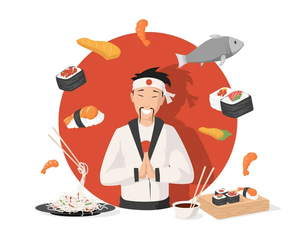 Chef in traditional Japanese kimono vector flat illustration. Japanese cuisine, sushi, rolls, shrimps, and noodles. — стоковий вектор