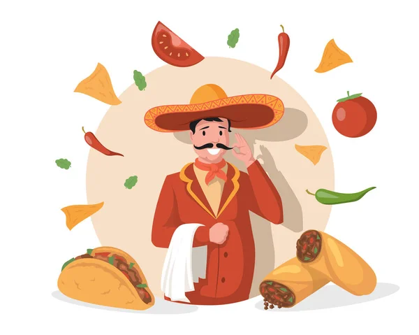 Uśmiechnięty szef kuchni w wielkim meksykańskim kapeluszu sombrero wektor płaska ilustracja. Smaczne dania kuchni meksykańskiej, tacos, burritos, nachos. Wektor Stockowy