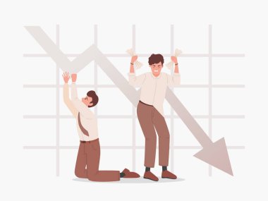 Düşen grafik vektörü düz çiziminin arka planındaki üzgün adamlar. İflas, iş sorunları.