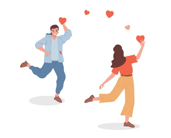 Young smiling man and woman giving heart signs to each other vector flat illustration isolated on white background. — Stockvector