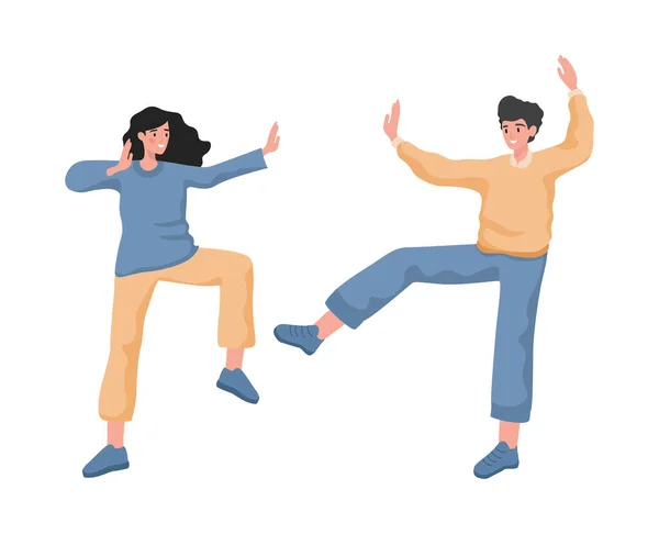 Happy smiling man and woman dancing, feeling positive emotions vector flat illustration. — Stockový vektor