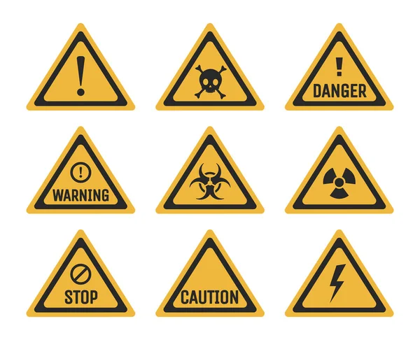 금지와 경고의 표징들을 평면적 인 예로 들어 보 십시오. 위험하고, 멈추어, 조심 스러운 그림들. — 스톡 벡터