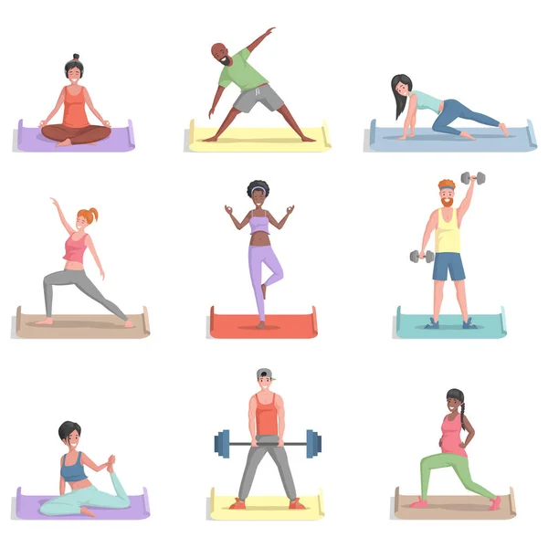 Set of people training vector flat illustration. Men and women in sports clothes doing exercises. — Stock Vector