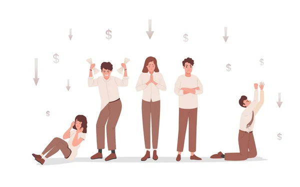 Group of sad and disappointed people upset about financial and business failure vector flat illustration. — Wektor stockowy