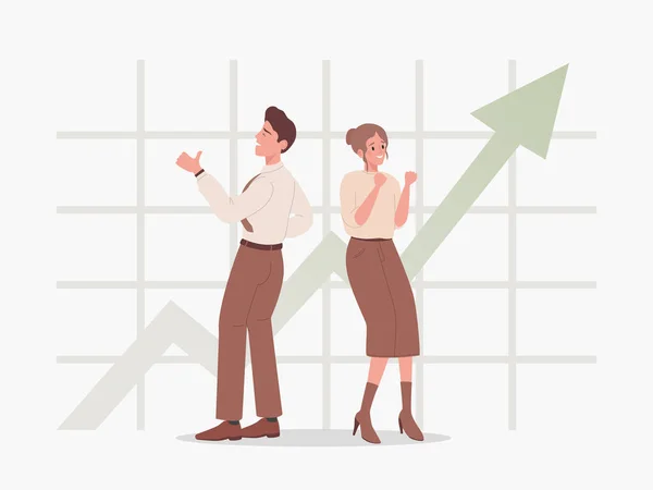 Man and woman standing on the background of rising graph vector flat illustration. People happy about success. Wektory Stockowe bez tantiem