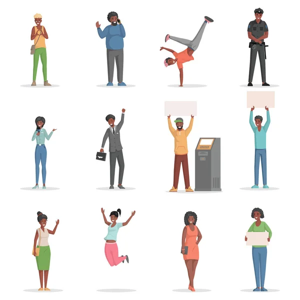 Set of different people jumping, holding placards, talking phone vector flat illustration. Grafika Wektorowa