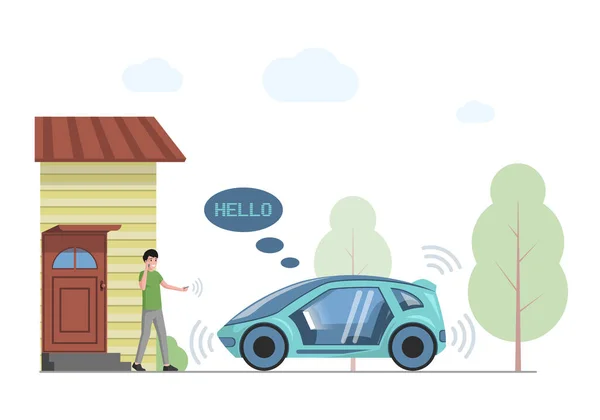 Ilustración plana del vector de transporte personal futuro. Sonriente hombre hablando de teléfono e ir a coche inteligente. — Vector de stock