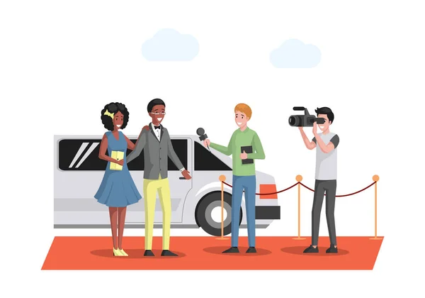 Famous couple in evening wears arriving at the red carpet on white limousine vector flat illustration. — Stock Vector