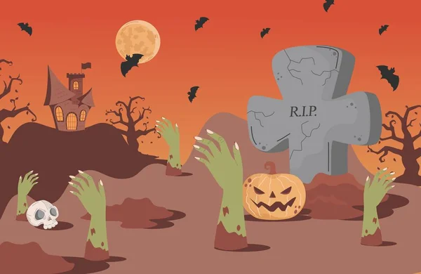 Halloween-Banner Hintergrund mit Grabsteinen, Fledermäusen, beängstigende Burg und Skelett Hand Vektor flache Cartoon-Illustration. — Stockvektor