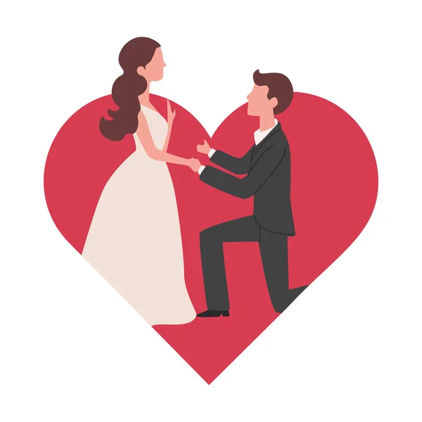 Mann macht seiner Freundin Heiratsantrag Vektor flache Illustration auf dem Hintergrund des großen roten Herzens. — Stockvektor