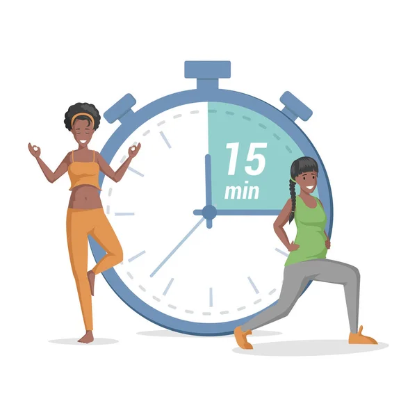 Donne felici che fanno yoga sullo sfondo di timer vettoriale illustrazione piatta. Ragazza e donna incinta stretching. — Vettoriale Stock