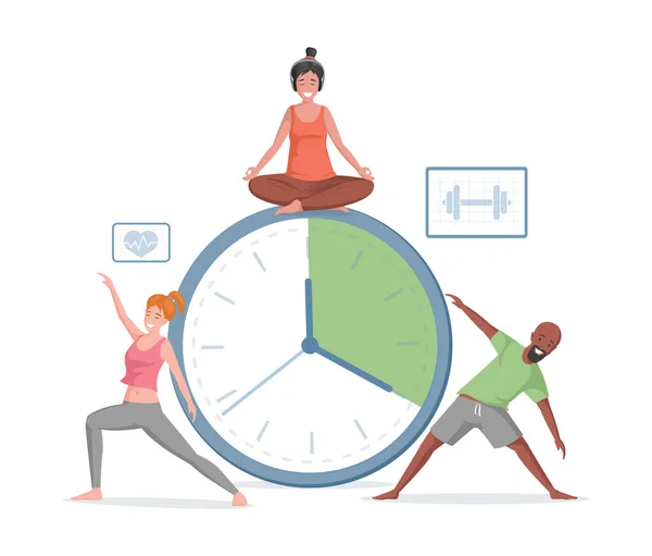 Usmívající se muž a ženy dělají sportovní cvičení a jógu na pozadí časovače vektor ploché ilustrace. — Stockový vektor