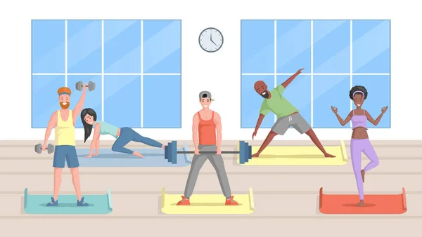Улыбающиеся мужчины и женщины в спортивной одежде делают упражнения на векторной плоской иллюстрации фитнес-студии. — стоковый вектор