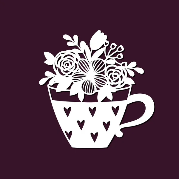 Ramo calado de flores silvestres en una taza. Plantilla para corte por láser. — Vector de stock