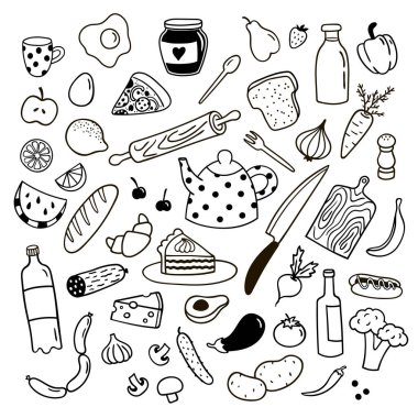 Sevimli el çizimi nesneler. Yiyecek, sebze, meyve, market ve mutfak aletleri. Vektör illüstrasyonu.