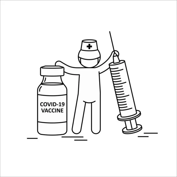Hombre Con Vacuna Jeringa Cobid Ilustración Lineal Vectorial Prevención Del Ilustración De Stock