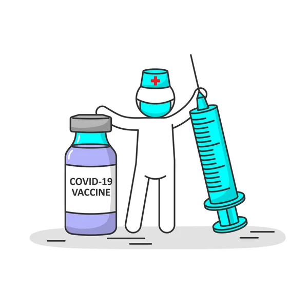 Man met medisch masker, Cobid-19 vaccin en spuit, preventie van coronavirus. — Stockvector