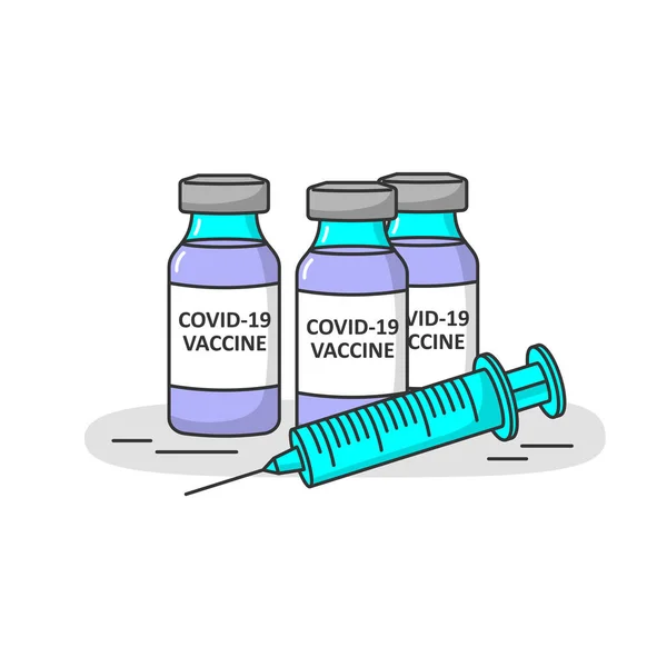 Covid-19 vaccine bottles and syringe. Coronavirus protection. — Stock Vector