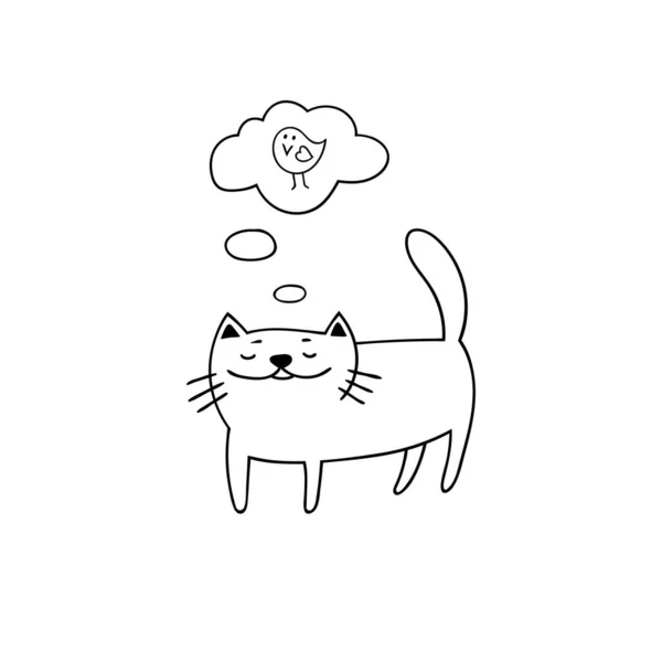 Mignon chat pense à un oiseau. Illustration dos et blanc dessinée à la main. — Image vectorielle