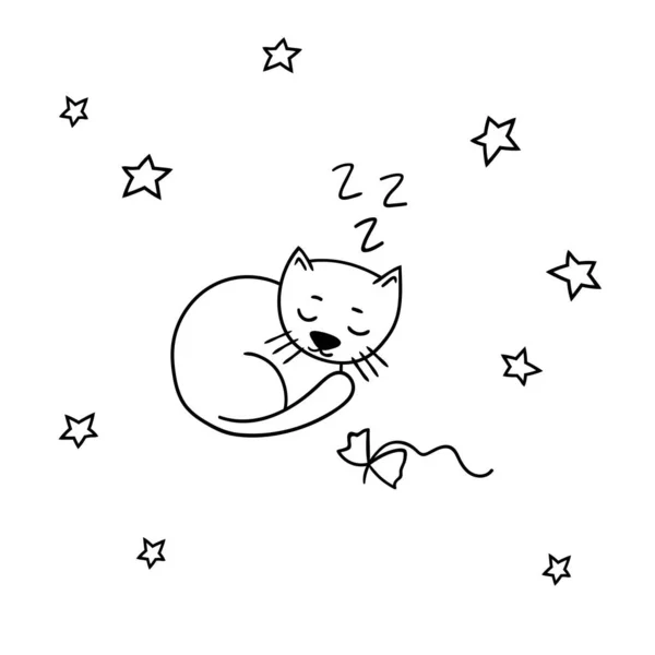 Cat sleeps sweetly among the stars. Black and white hand drawn illustration. — Stock Vector