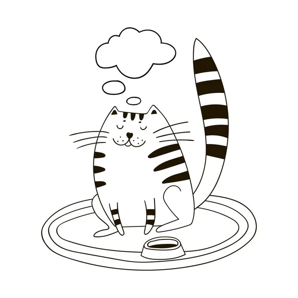 Lindo gato graso contento se sienta cerca de su tazón de comida. Ilustración dibujada a mano en blanco y negro. Vectores De Stock Sin Royalties Gratis