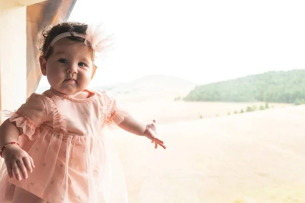 Rozkošné Dítě Dívka Stojící Skleněného Okna Výhledem Malebnou Krajinu — Stock fotografie