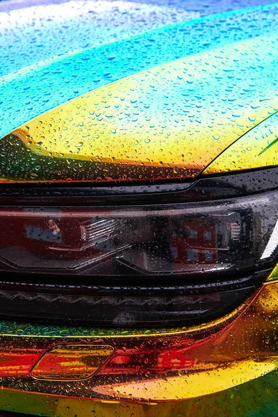 Chameleon Holographic Colour Car Rain Car Wrapping Iridescent Paint Raindrops — Stock Photo, Image