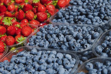 Güneşli bir günde pazar yerinde böğürtlen ve çilek dolu plastik kutular. Çiftçi ürünleri.