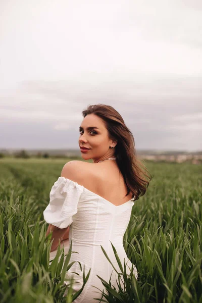 Красивая Брюнетка Белом Льняном Платье Сидит Зеленом Пшеничном Поле Стильная — стоковое фото