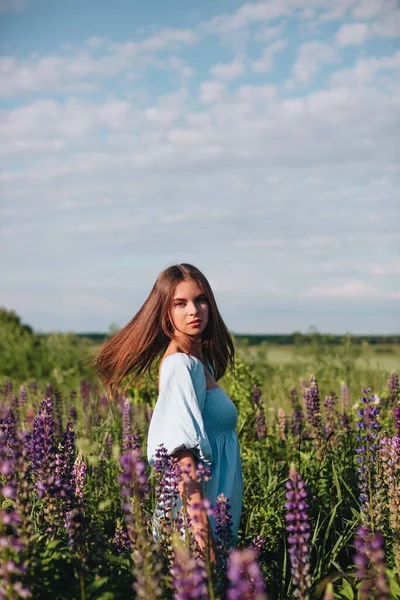 Uma Menina Bonita Com Cabelos Longos Vestido Azul Campo Tremoços — Fotografia de Stock